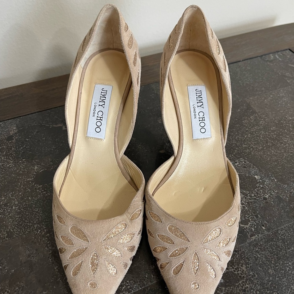OBO-Authentic JIMMY CHOO Cream and Gold Heels with Cutouts! OR MAKE ME OFFER!!